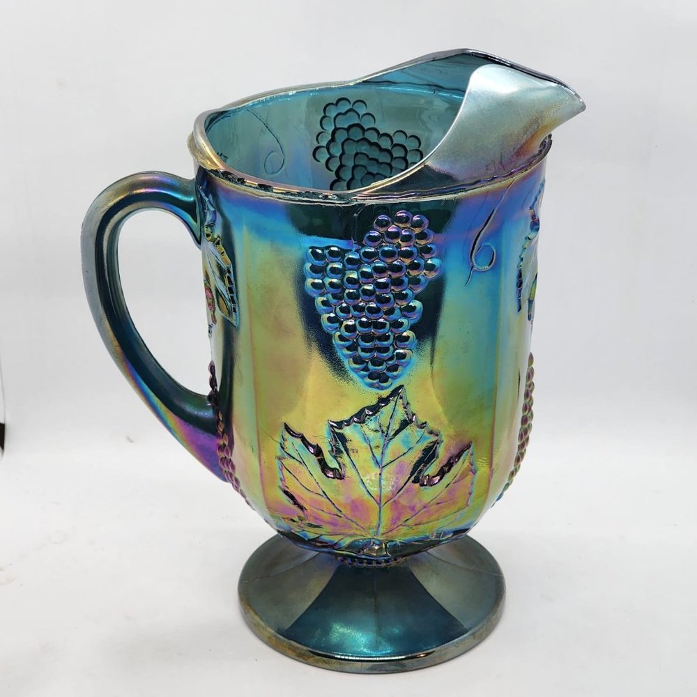 Vintage Indiana Carnival Glass Pitcher 10' harvest grape blue iridescent 64 oz